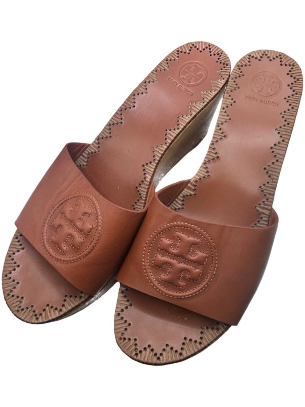 Tory Burch Patty Leather Platform Wedge Slides Brown Size 9.5
